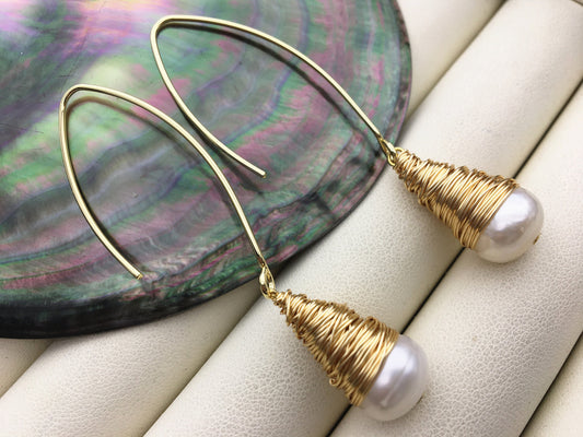 White Freshwater Pearl dangle earrings,earring with white Natural Pearl,SE3-120-15