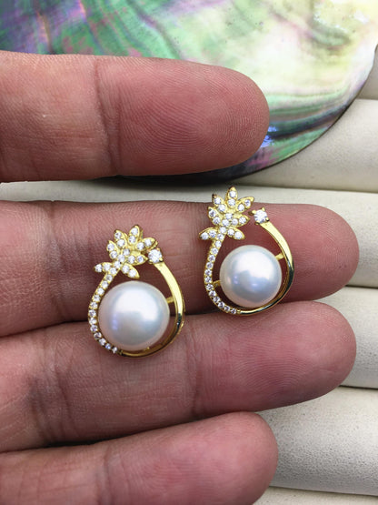 AAA white pearl gold color Flower cz pendant necklace,S925 Sterling silver pendant,white Pearl necklace - NC1-060
