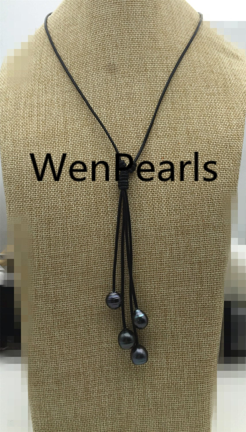 Tahitian pearl neklace,Pearl and Leather Lariat Necklace,Light Brwon Leather Pearl necklace,Sea pearl,Black pearl necklace,Le11-013