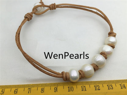 Big Pearl,5 pearls bracelet,High Luster pearl, Pearl Leather bracelet,freshwater pearl bracelet, Black Leather Pearl bracelet,Le7-068