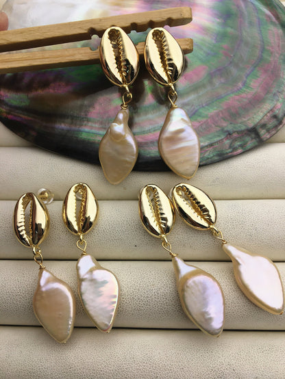 AAA big natural rainbow keshi baroque freshwater pearl gold shell stud earrings,wedding pearl earrings,SE3-131-78