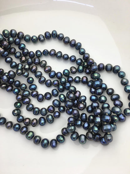 56'' AA+ 6-6.5mm near round black blue pearl Necklace,Pearl necklace,NPN1-096