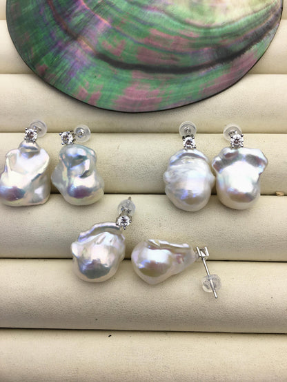 1 pair AAA 13-16mm flame ball pearl diamond stud earrings,sterling silver,earring with white baroque Natural Pearl,SE3-031-16