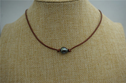 10-12mm Tahitian hand rolled and knotted leather necklace, men or women choker, Black Leather Pearl necklace, BROWN,LIGHT BROWN,Le11-009