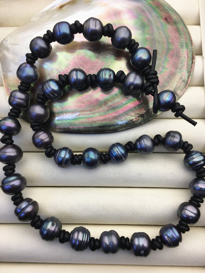12mm big deep blue Pearl and leather necklace,Genuine Freshwater Pearl Necklace,white pearl necklace,wholesale,Le4-078