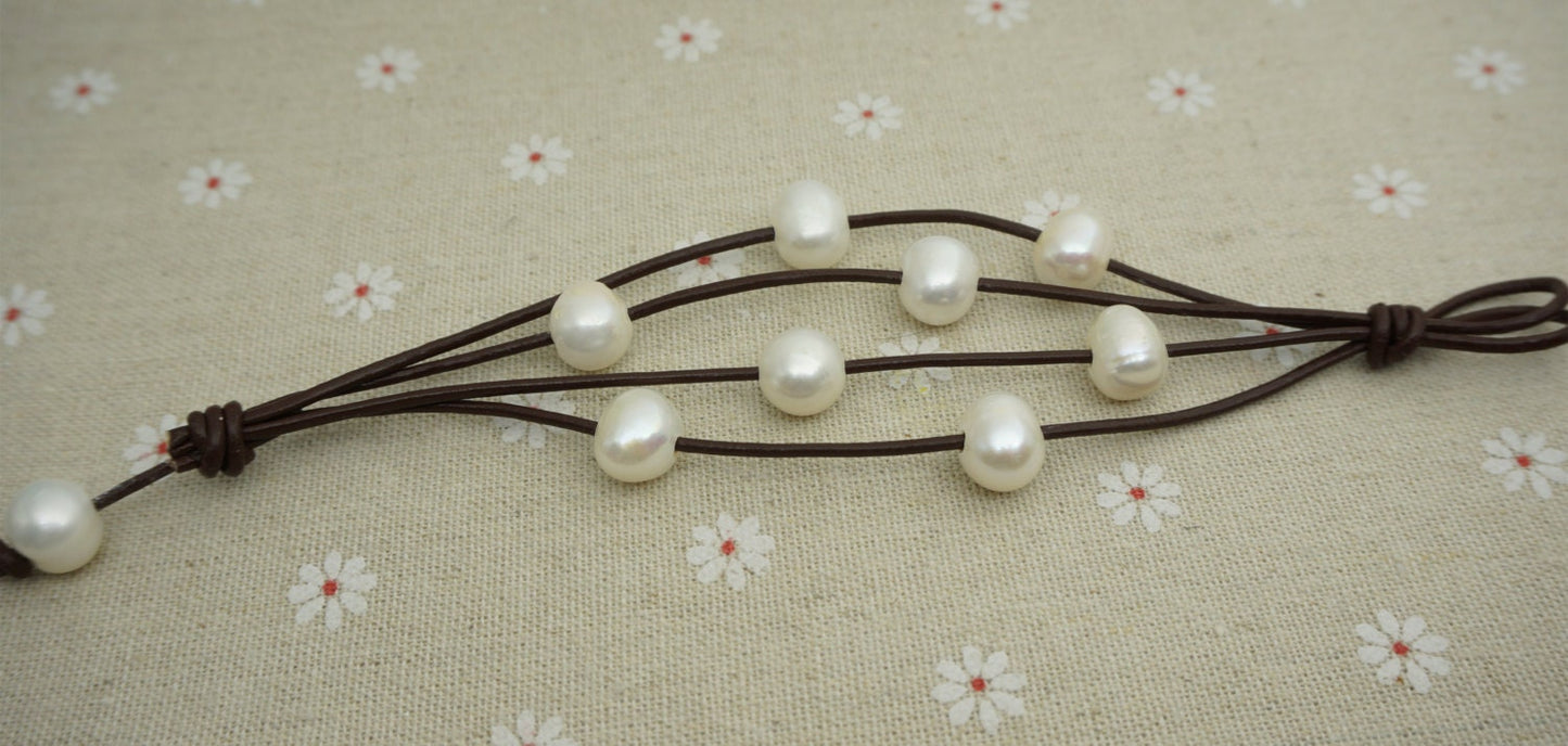 Leather Pearls Bracelet, Handmade Cuff,White Pearls on Brown Leather,Black leather bracelet,Le7-072