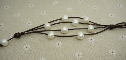 Leather Pearls Bracelet, Handmade Cuff,White Pearls on Brown Leather,Black leather bracelet,Le7-072