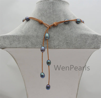 Deep blue rice pearl and leather necklace,Baroque Freshwater Pearl Drop Necklace,drop pearl necklace,wholesale,Le4-112