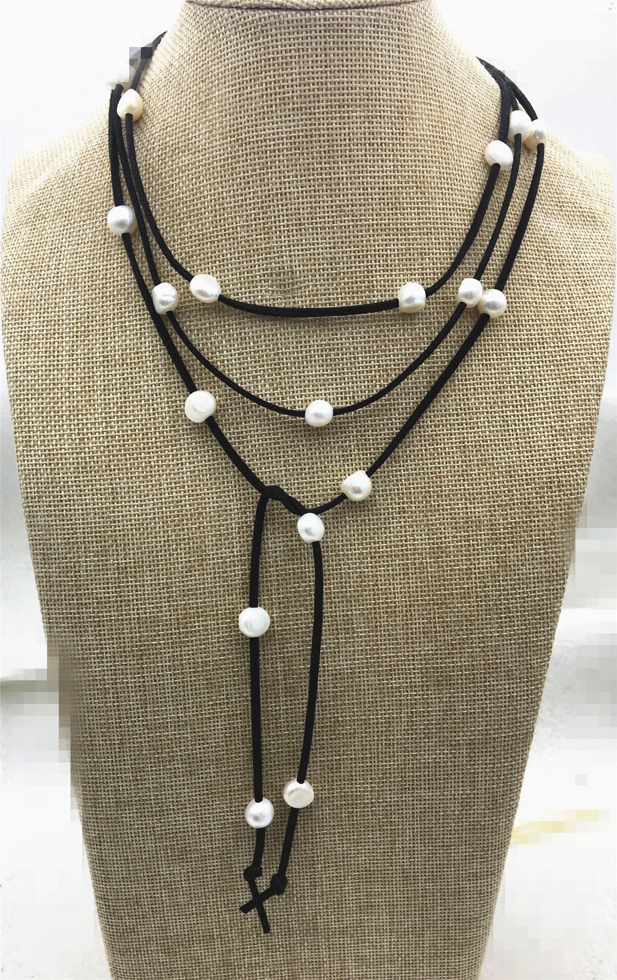 68 inches White Nugget Freshwater Pearl Wrap Bracelet Necklace Anklet on Black Brown Gray Suede Cord Multi Strands for Women,Le15-004