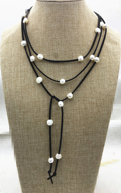 68 inches White Nugget Freshwater Pearl Wrap Bracelet Necklace Anklet on Black Brown Gray Suede Cord Multi Strands for Women,Le15-004