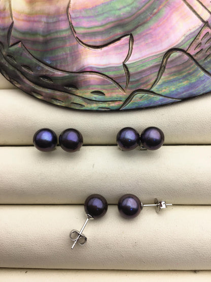 1 pair AAA 8-8.5mm Deep Blue Round Pearl Stud Earrings,Sterling Silver,Wedding,classic pearl studs,SE1-T47
