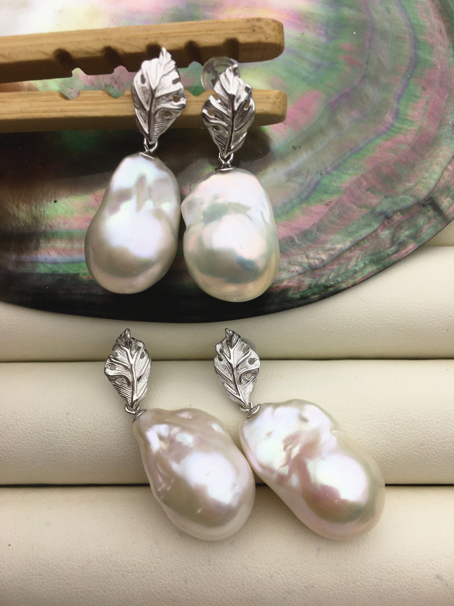 1 pair AAA 14-16mmx20-28mm white flame ball pearl leaf stud earrings,earring with white baroque Natural Pearl,SE3-031-13