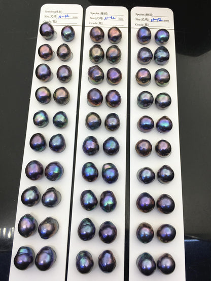 10pairs AAA 11-12mm Black Blue Rainbow baroque drop edison freshwater pearl Pair,top half hole,ED11-3A-2-24