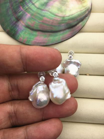 1 pair AAA 13-16mm flame ball pearl diamond stud earrings,sterling silver,earring with white baroque Natural Pearl,SE3-031-16