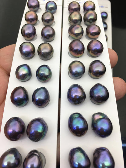 10pairs AAA 11-12mm Black Blue Rainbow baroque drop edison freshwater pearl Pair,top half hole,ED11-3A-2-24