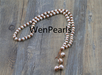 11mm Button Freshwater pearl and leather necklace,Baroque Freshwater Pearl Necklace,white pearl necklace,wholesale,Le3-014