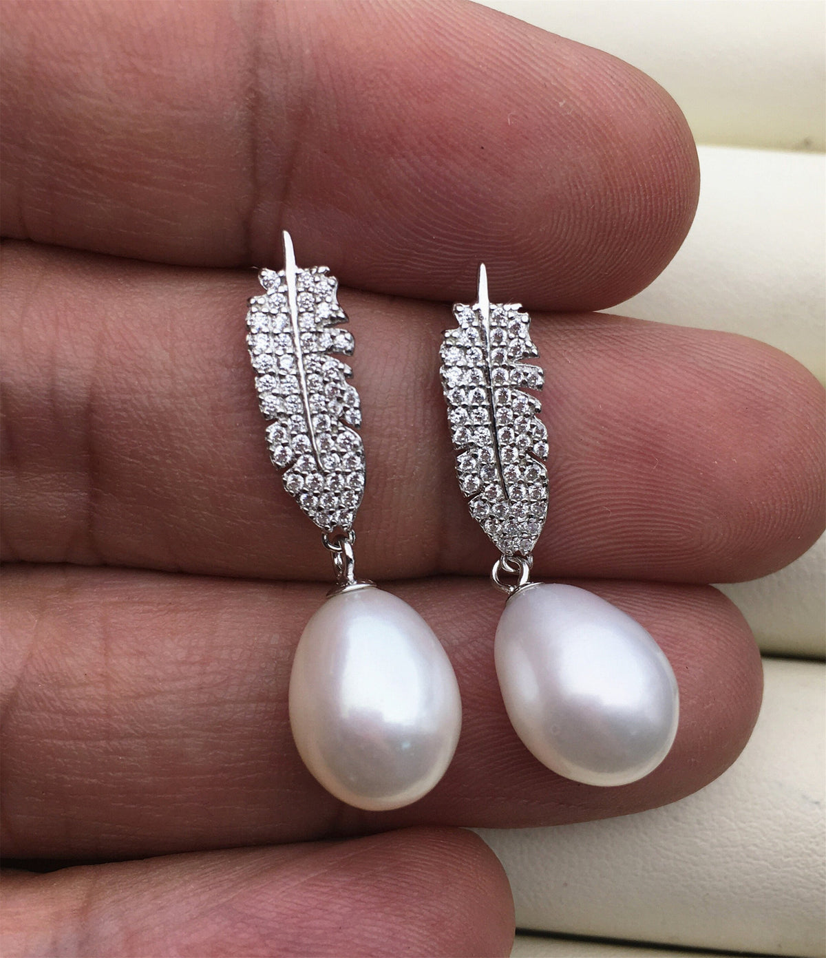 AAA 9mm Feather White rice pearl cz stud earrings,zircon S925 Sterling Sliver pearl earrings,pearl for women for girl,SE3-055