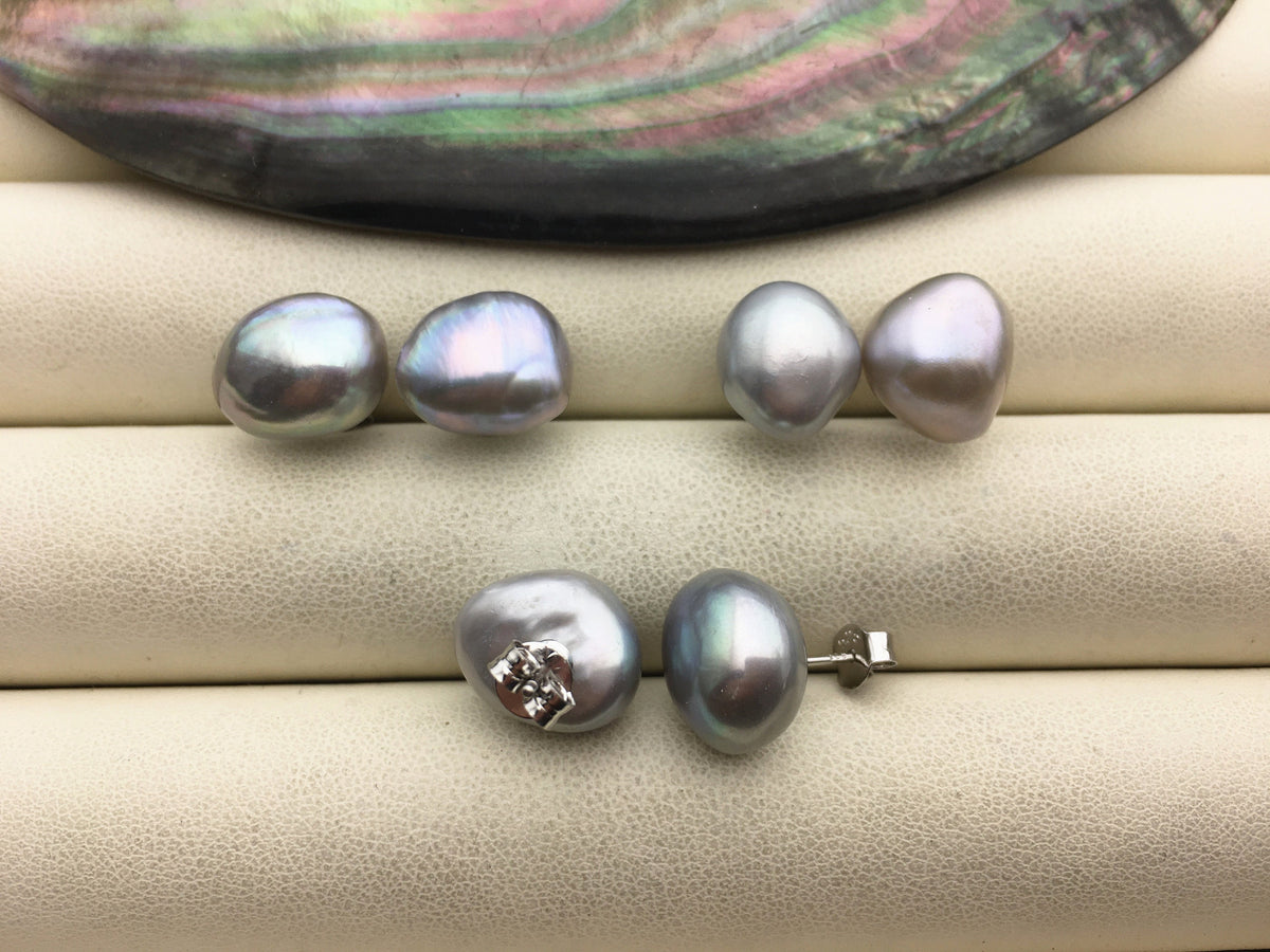 1 pair AAA 11mm gray baroque nugget Pearl Stud Earrings,freshwater pearl earrings,Wedding,classic pearl studs,SE1-069-33