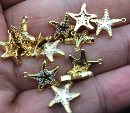 3pcs 11mm Gold Zircon Starfish Charm, Ocean Under the Sea pendant,Brass plated 14k gold,ACC-O-003