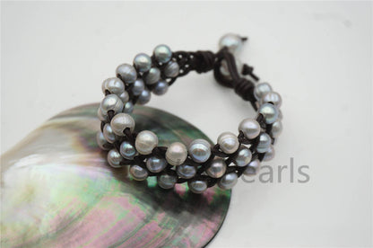 Three rows Gray pearl bracelet,Leather Pearls Bracelet, Handmade Cuff,Gray Pearls on Brown Leather,Black leather bracelet,Le7-100