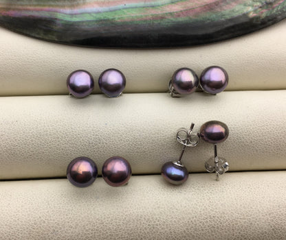 AAA 7-7.5mm Black Rainbow Pearl Stud Earrings, pearl earrings,S925 Sterling Silver,Wedding,classic pearl studs,SE1-064