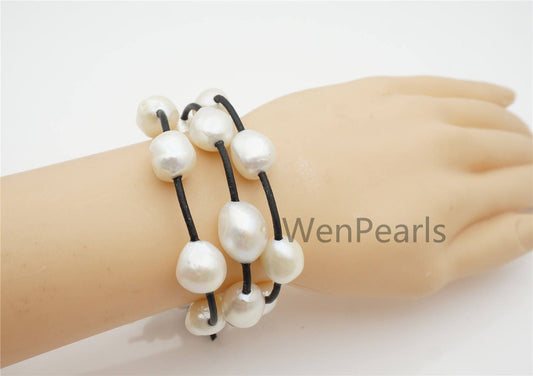 12-15mm very very big pearl leather bracelet- 3 rows Leather Pearls Bracelet - Genuine freshwater pearl - Real leather - Le7-166