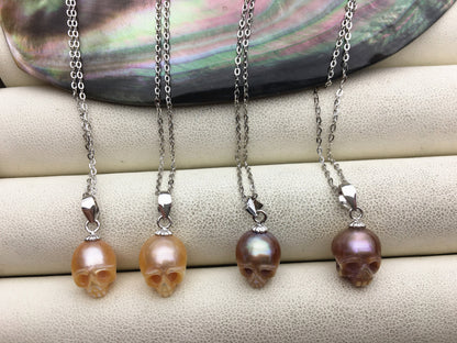 AAA 8mm white/pink/purple/gray/black handmade carved skull freshwater pearl pendant necklace,S925 Sterling silver pendant,NC1-012-9
