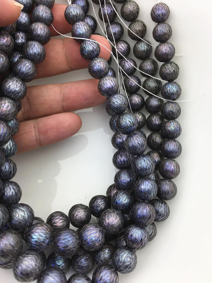 15.5'' AA+ 10-13mm Black Round Carved Freshwater Pearl - Hand Carved - CAC-T23