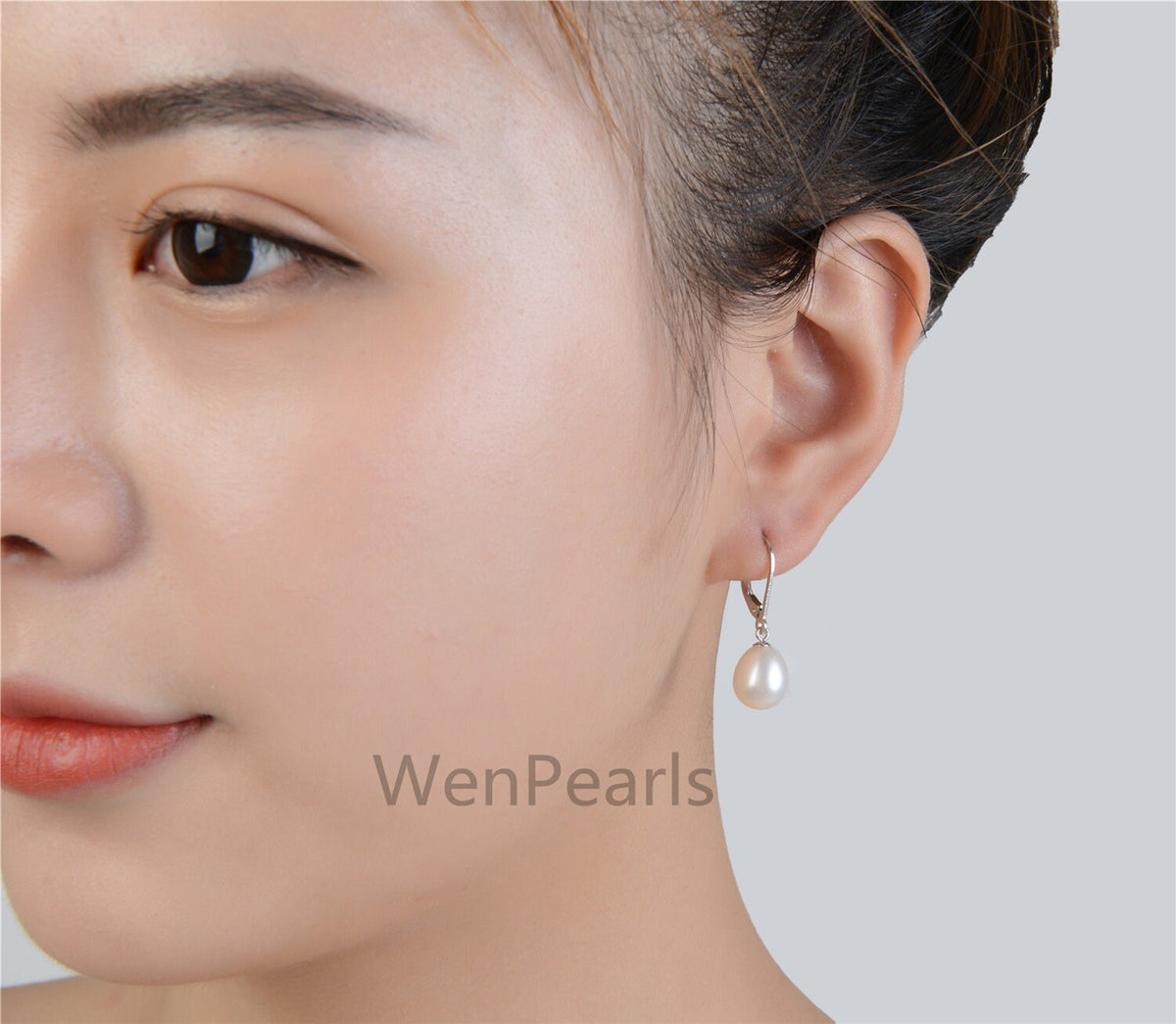 9mm white rice pearl dangling earrings,bridesmaid earring, genuine pearl for wedding anniversary, pearl with france hoop,SE3-074
