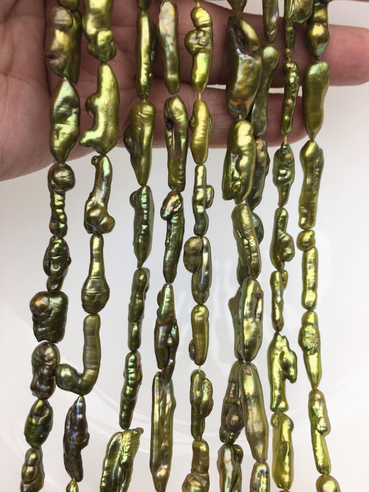 AA 6-8mm green toothpick Biwa Pearl Necklace,Genuine Fresh Water Pearl,Wedding Necklace,Mothers Day,ZS-80-10-57