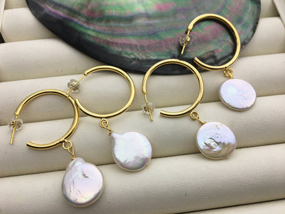 Big 15-16mm natural white Coin pearl stud earrings,wedding pearl earrings,SE3-131-62