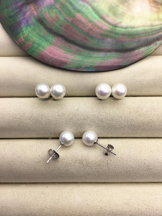 AA+ 7-7.5mm white round freshwater pearl stud earrings,sterling silver metal,SE3-004