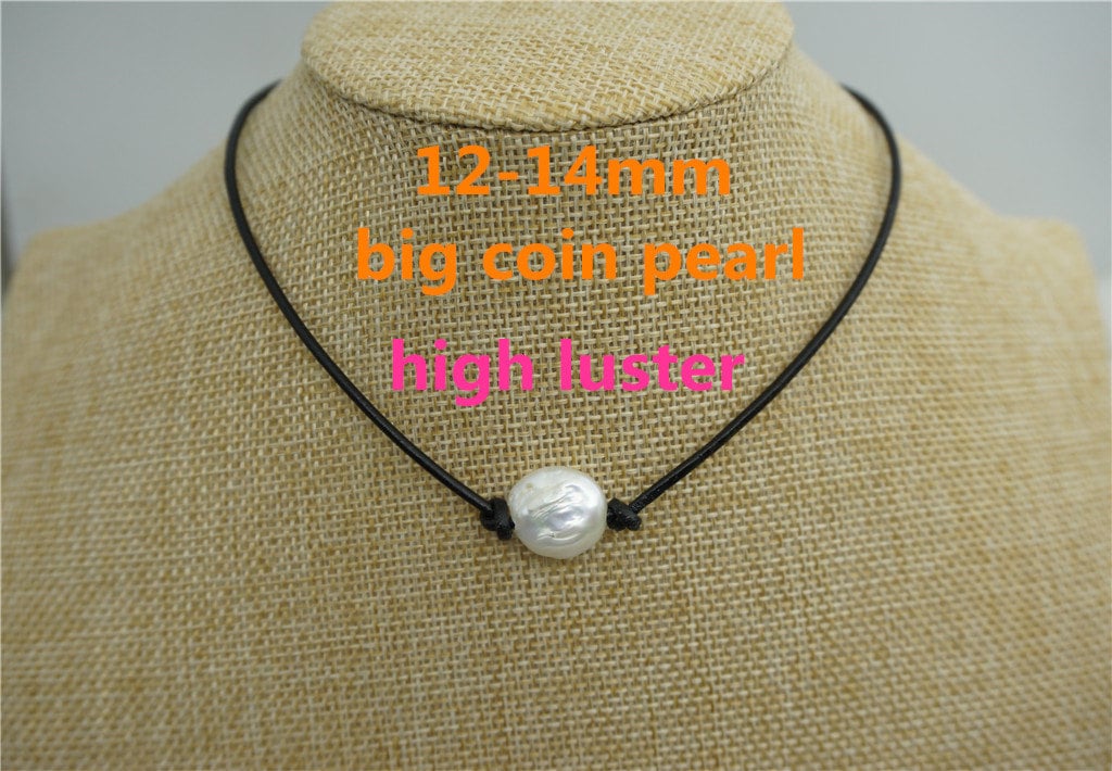 Big Coin pearl,12-14mm,Leather Pearl Choker, Pearl Leather Necklace, White Freshwater pearl,Black Leather Pearl necklace,Le1-066