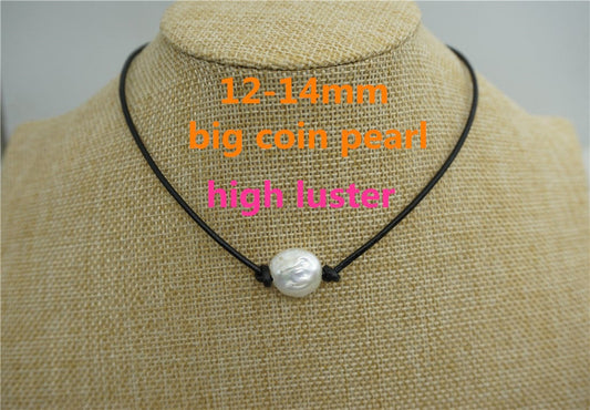 Big Coin pearl,12-14mm,Leather Pearl Choker, Pearl Leather Necklace, White Freshwater pearl,Black Leather Pearl necklace,Le1-066