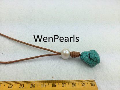 Turquoise gemstone leather necklace,knotted pearls,handmade pearl necklace,pearl necklace,necklace,Le1-008
