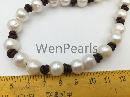 Freshwater Pearl and leather necklace,leather hand knotted necklace,Genuine Freshwater Pearl Necklace,white pearl necklace,wholesale,Le4-011