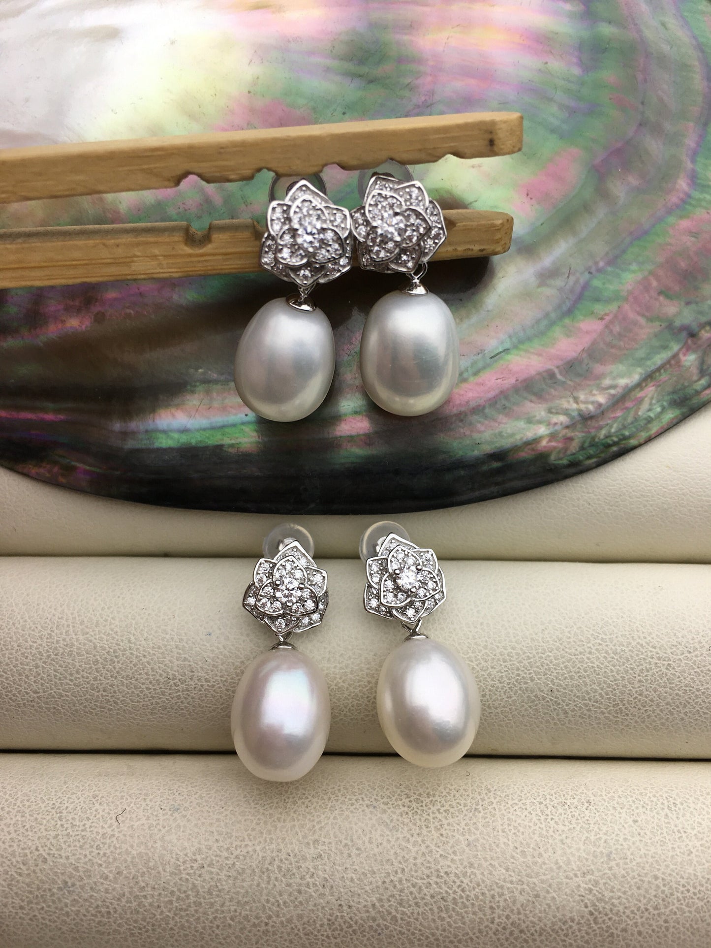 AAA 9mm White rice pearl cz stud earrings,zircon S925 Sterling Sliver pearl earrings,pearl for women for girl,SE3-102