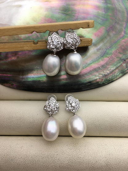 AAA 9mm White rice pearl cz stud earrings,zircon S925 Sterling Sliver pearl earrings,pearl for women for girl,SE3-102