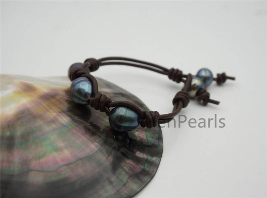 Deep Blue Big Rice pearl bracelet,Leather Pearls Bracelet,Handmade Cuff,white Pearls on Tan Leather,genuine freshwater pearl,Le7-156