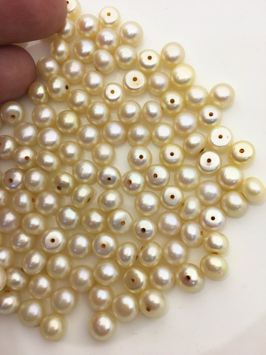 20pcs AAA 7-7.5mm light yellow button round freshwater pearl,half drilled,BTN7-T5