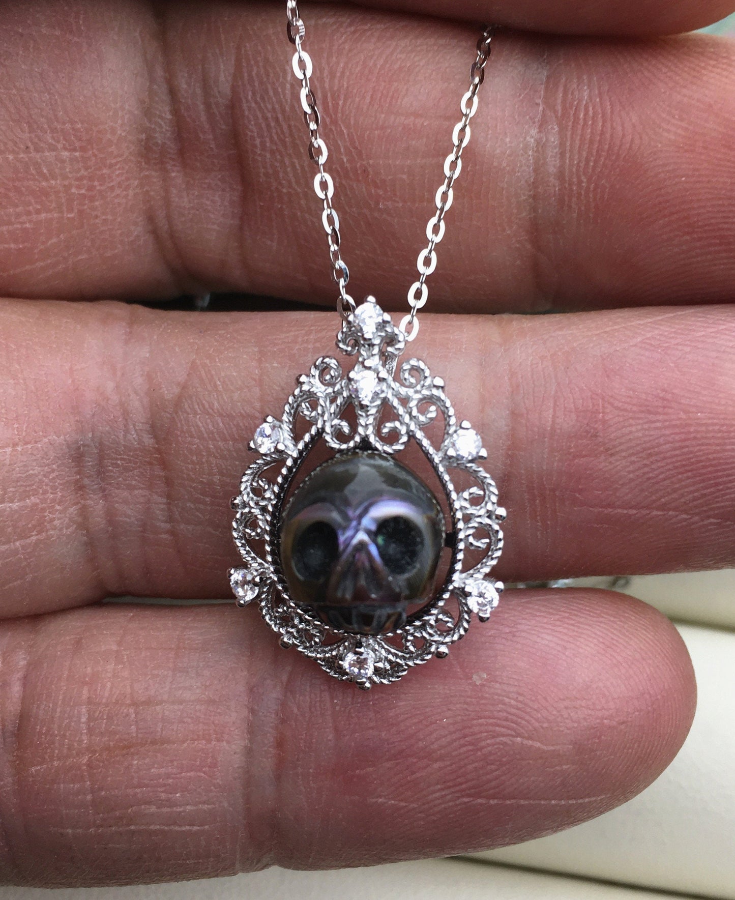 AAA white/purple/black handmade carved skull freshwater pearl pendant necklace,S925 Sterling silver pendant,NC1-012-1