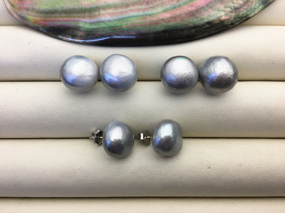2 pairs AA+ 12.5-13mm big gray Thick skin button round Pearl Stud Earrings,freshwater pearl earrings,Wedding,classic pearl studs,SE1-069-31