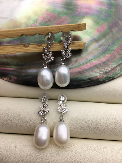 AAA 9mm White rice pearl Leaf cz stud earrings,S925 Sterling Sliver pearl earrings,pearl for women for girl,SE3-103