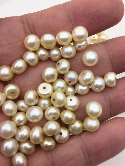 20pcs AAA 7-7.5mm light yellow button round freshwater pearl,half drilled,BTN7-T5
