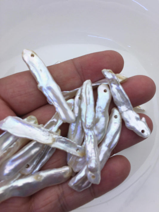 10pcs AAA/AA+ 7-11mm white long biwa keshi Freshwater Pearls, 2.2mm large hole,ZS-80-1-33