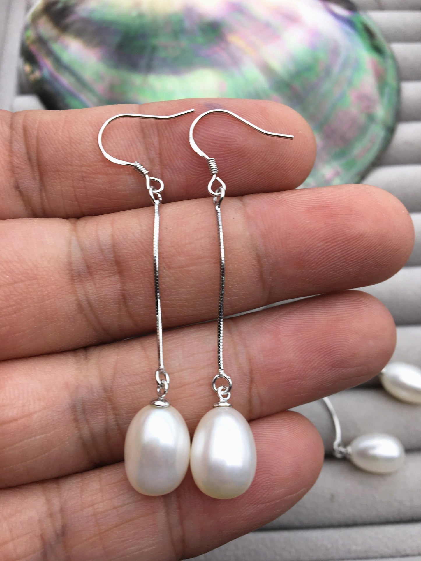 AAA White rice pearl Tassels dangle earrings,S925 Sterling Sliver pearl earrings,pearl for women,SE3-142