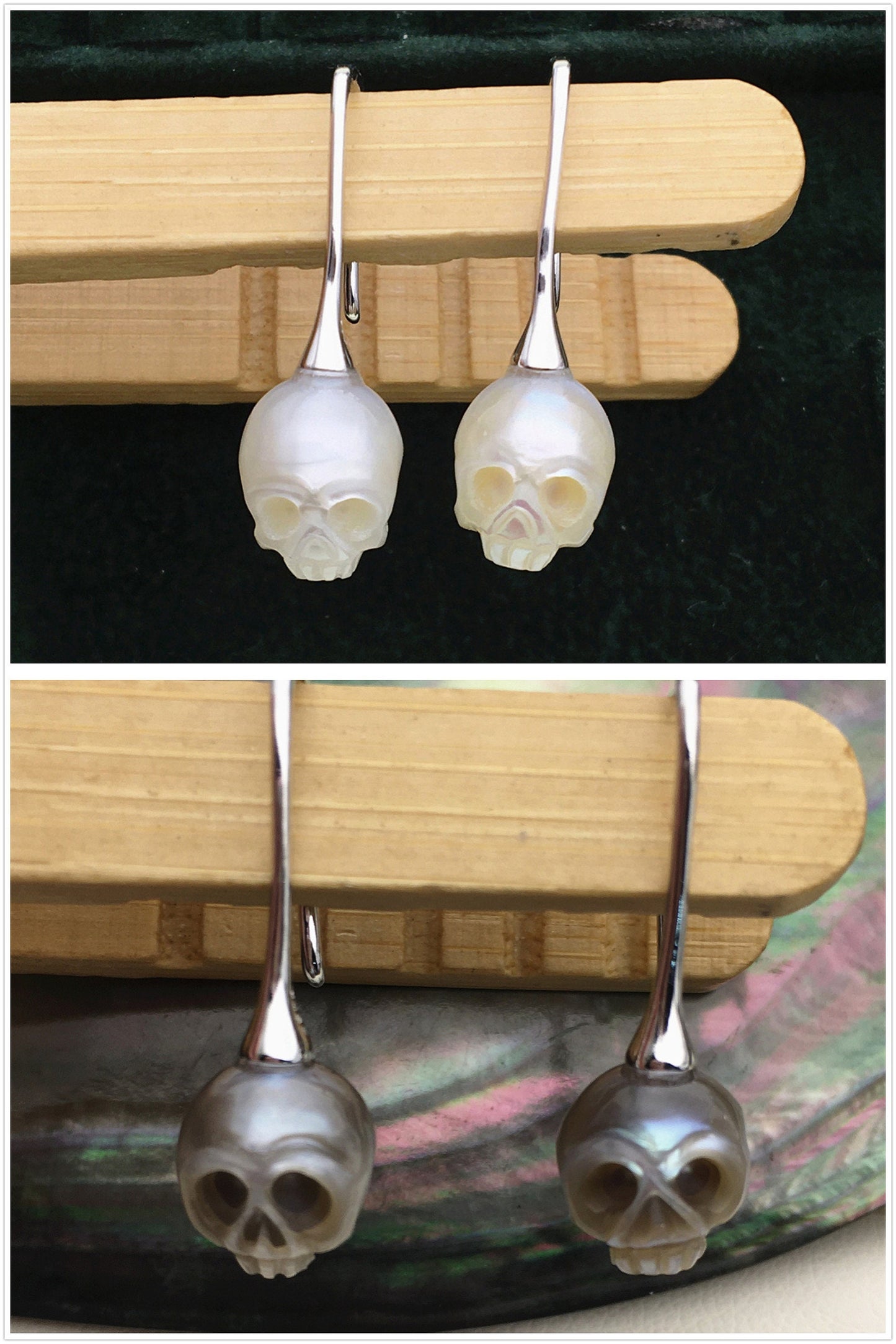 AAA 8mm white/Gray/Black HandMade Carved Skull Freshwater Pearl Dangle Earrings,Pearl Earrings for Women Girls,SE3-027-2