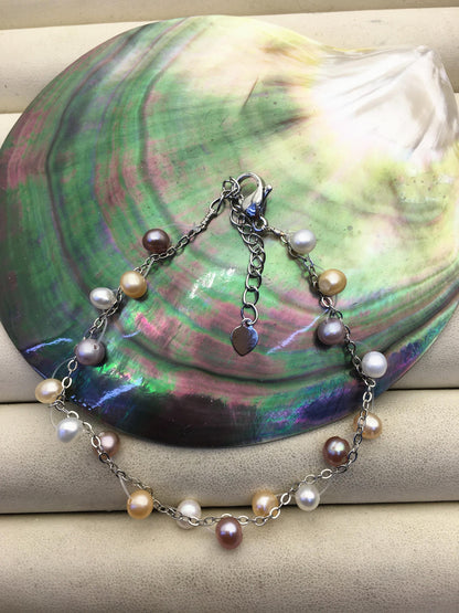 6.5+1.5'' AA+ 4-5mm twist misc color potato Freshwater pearl svlier color chain Bracelet,B8-055-4