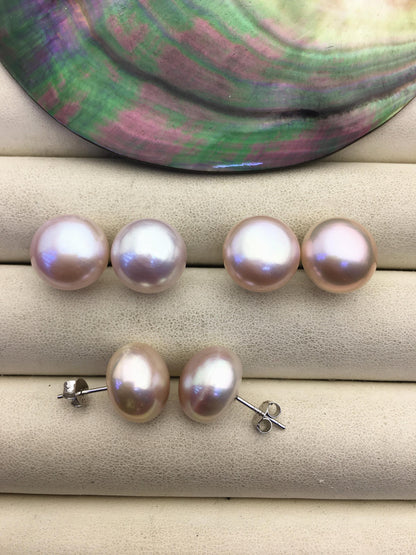 1 pair AAA 13-14mm big purple button round Pearl Stud Earrings,freshwater pearl earrings,Wedding,classic pearl studs,SE1-069-35