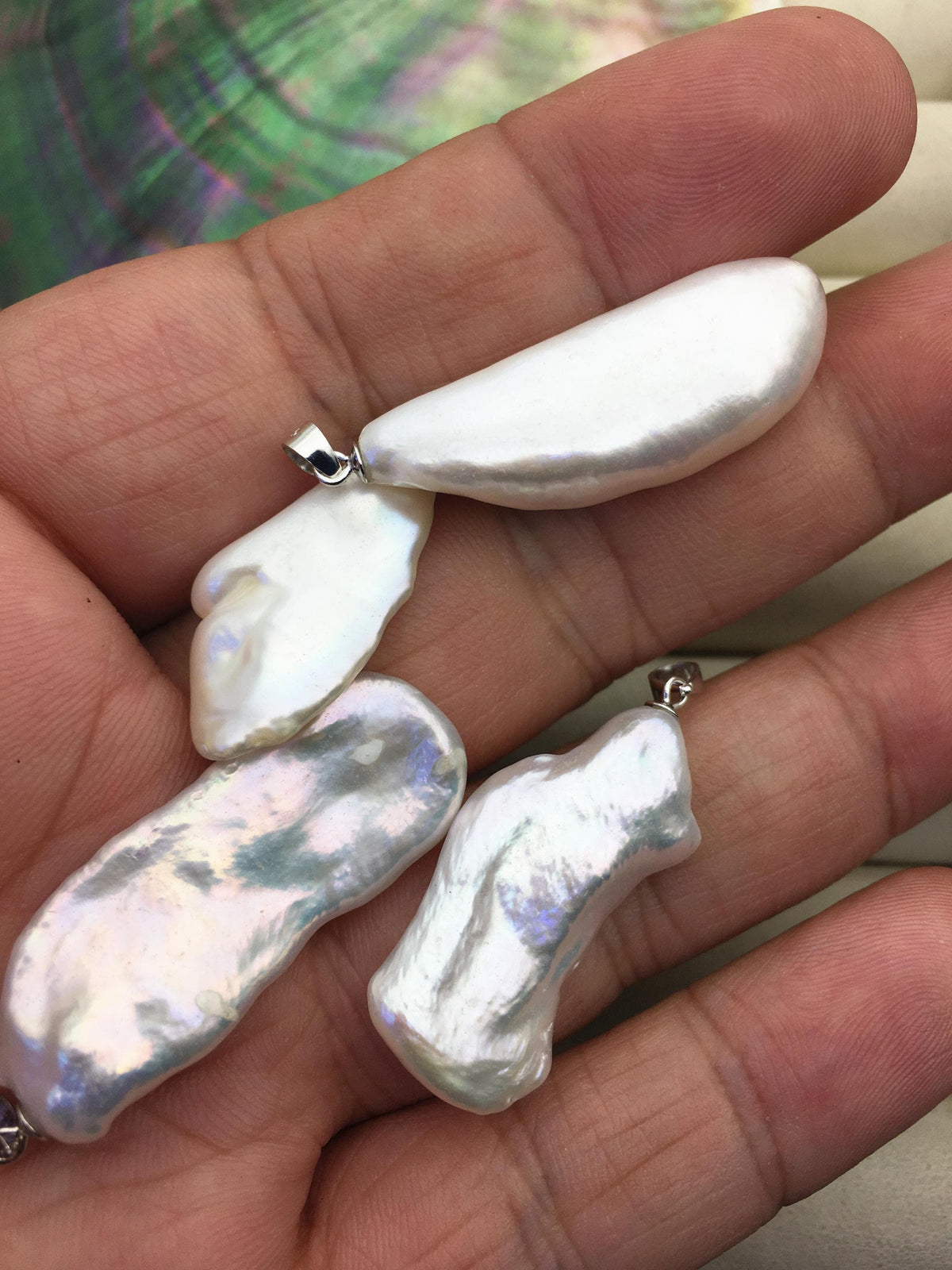 2pcs AAA 13-15mm Big White Keshi Biwa Baroque freshwater pearl pendant,NC1-T36